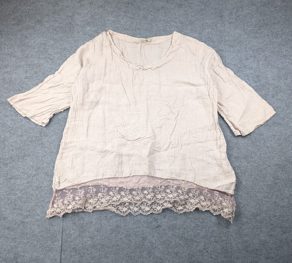 Stella Martini Linen Blouse Womens 1X Lagenlook Coastal COttage Coquette Lace